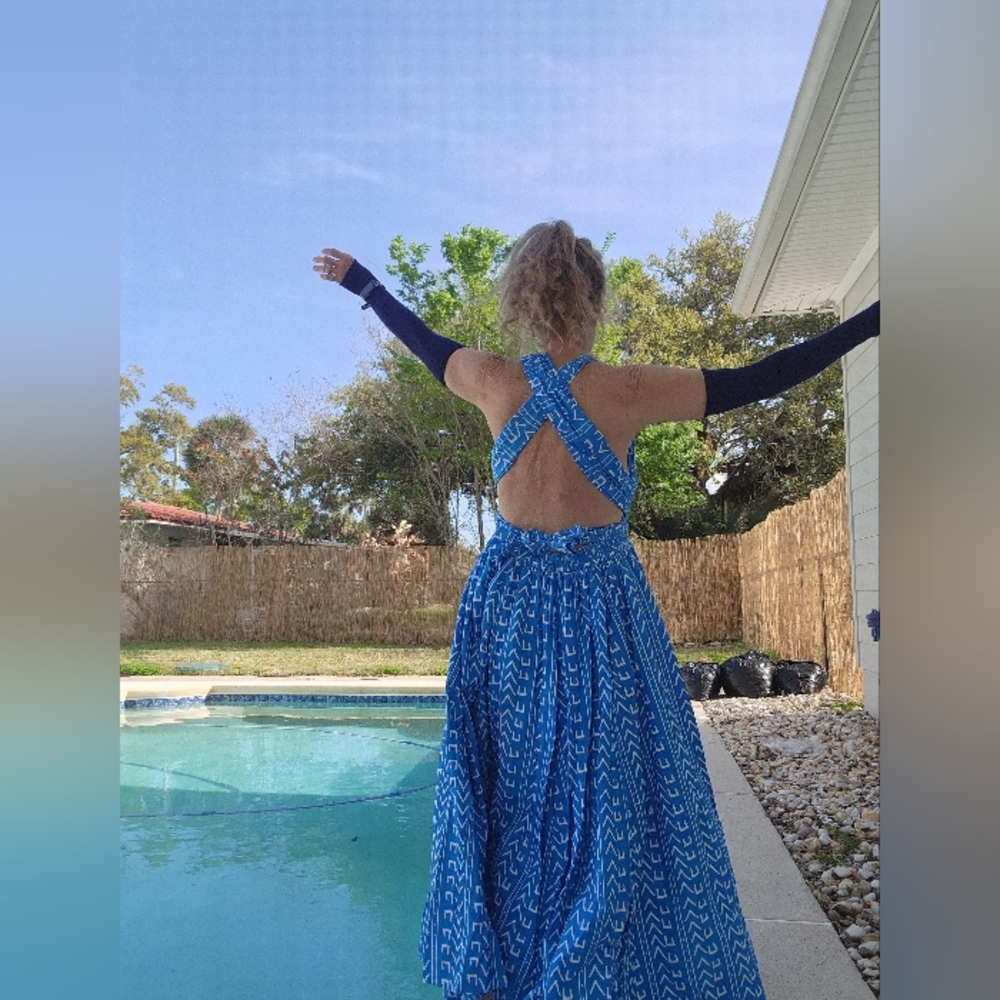 Ocean Blue Circle Maxi Dress Skirt Option Multi Tie 100% Cotton Med Large